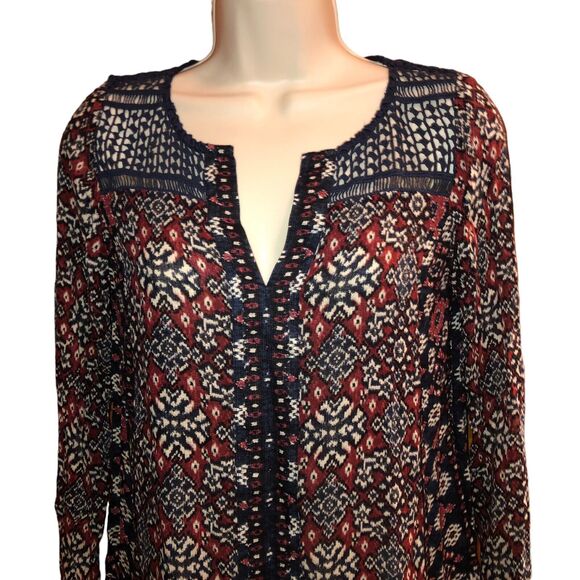 LUCKY BRAND Womens Top BOHO Peasant Navy Crochet Long Sleeve Button Cuff XS - Picture 2 of 8